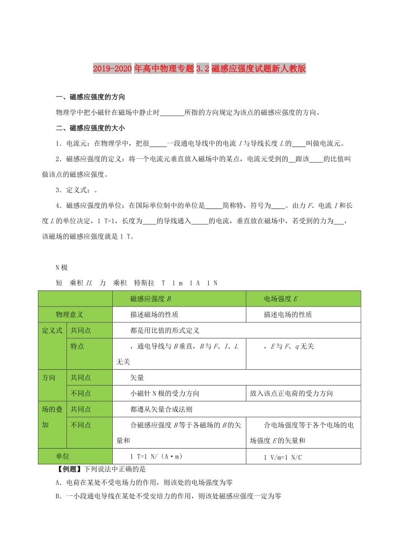 2019-2020年高中物理专题3.2磁感应强度试题新人教版.doc_第1页