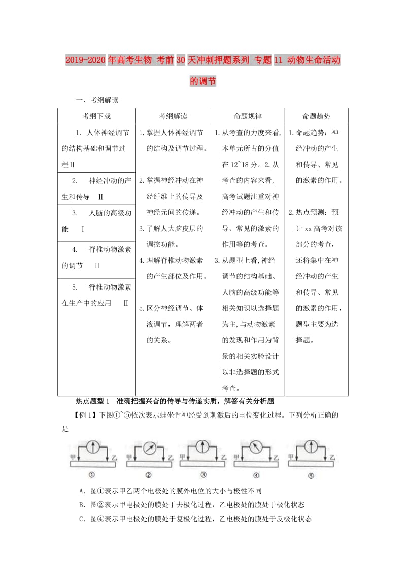 2019-2020年高考生物 考前30天冲刺押题系列 专题11 动物生命活动的调节.doc_第1页