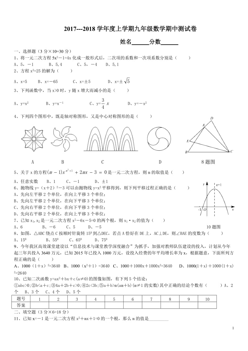 2017-2018学年武汉市东西湖区九年级上数学期中试卷含答案.doc_第1页