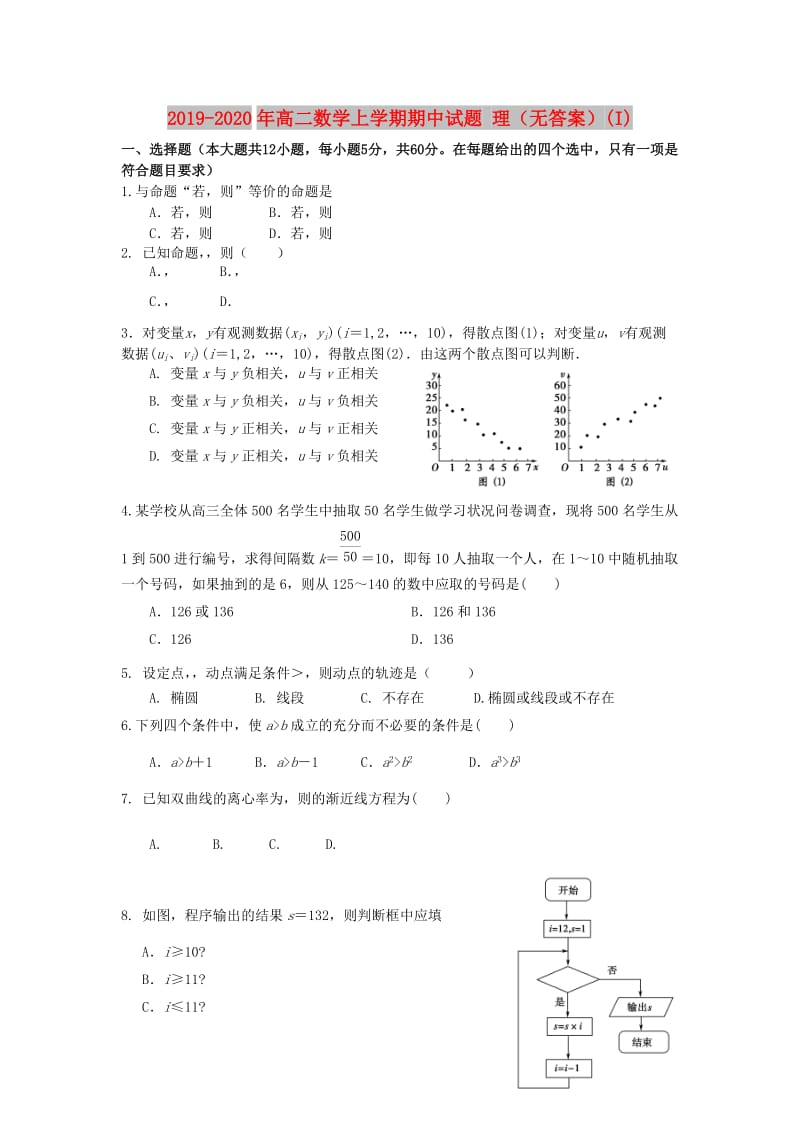 2019-2020年高二数学上学期期中试题 理（无答案）(I).doc_第1页