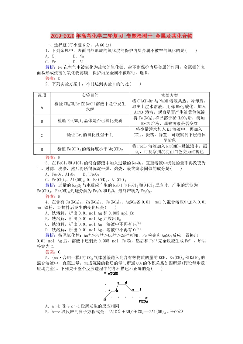 2019-2020年高考化学二轮复习 专题检测十 金属及其化合物.doc_第1页