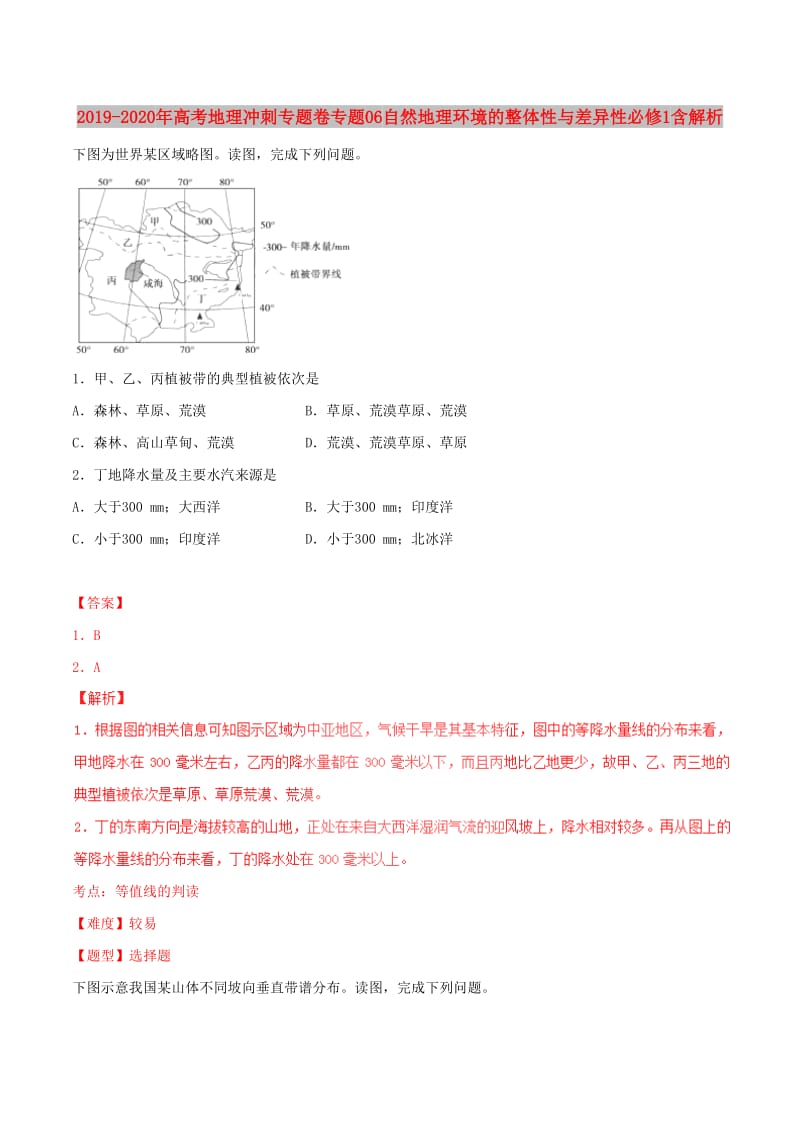 2019-2020年高考地理冲刺专题卷专题06自然地理环境的整体性与差异性必修1含解析.doc_第1页