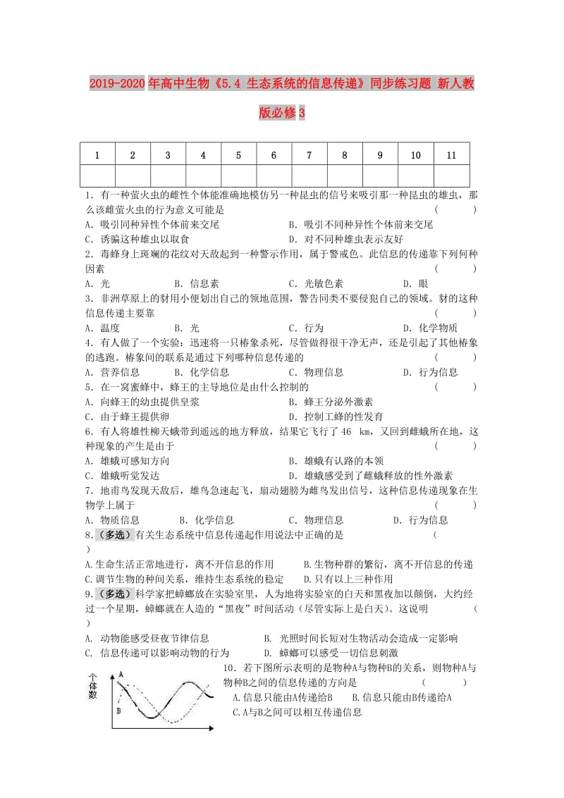 2019-2020年高中生物《5.4 生态系统的信息传递》同步练习题 新人教版必修3.doc_第1页