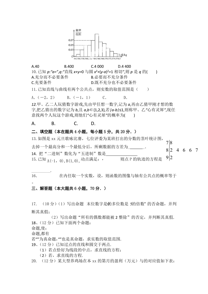 2019-2020年高二10月月考数学（文）试题（无答案）.doc_第2页