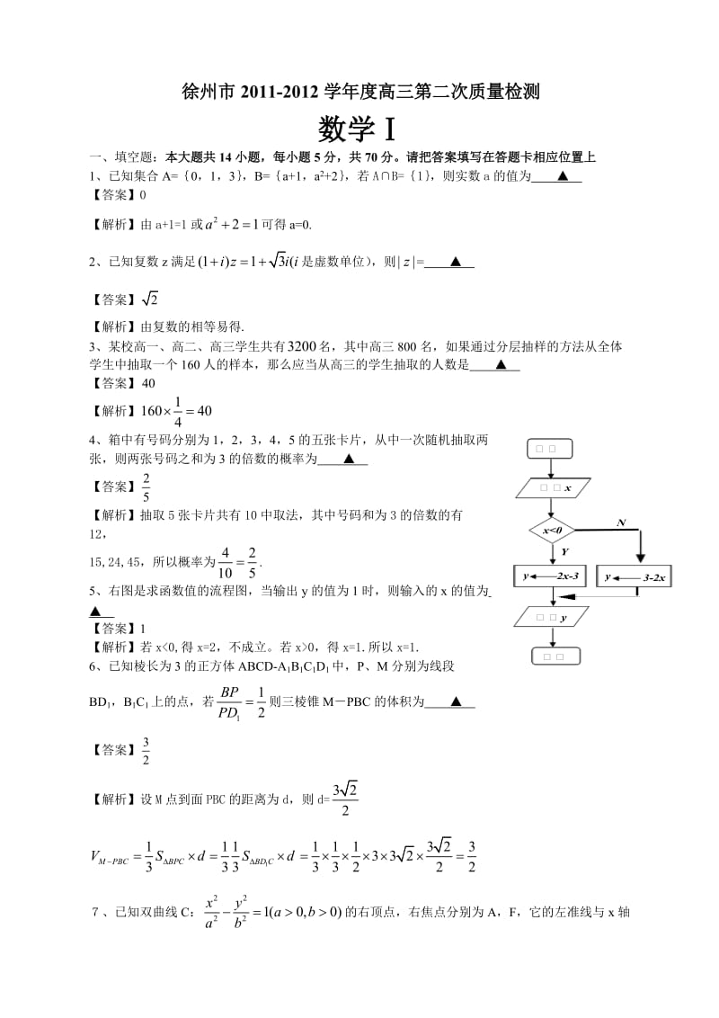 2012徐州市高三第二次质量检测数学答案解析.doc_第1页