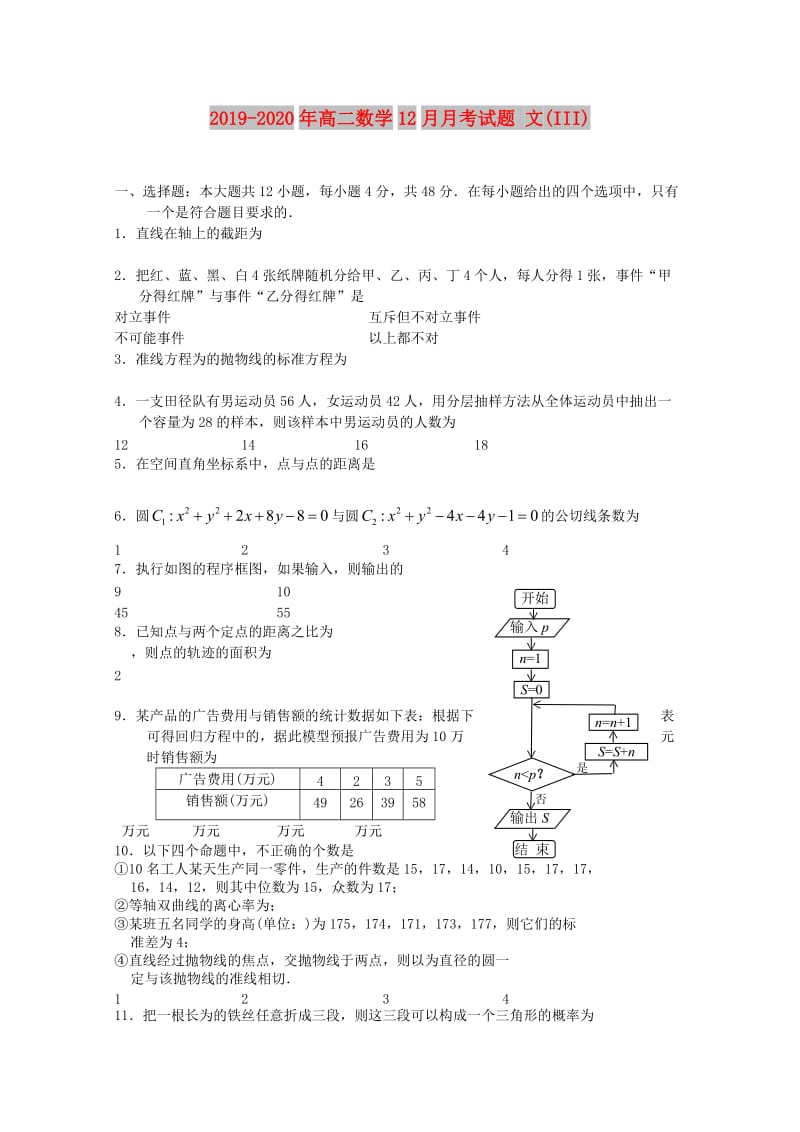 2019-2020年高二数学12月月考试题 文(III).doc_第1页