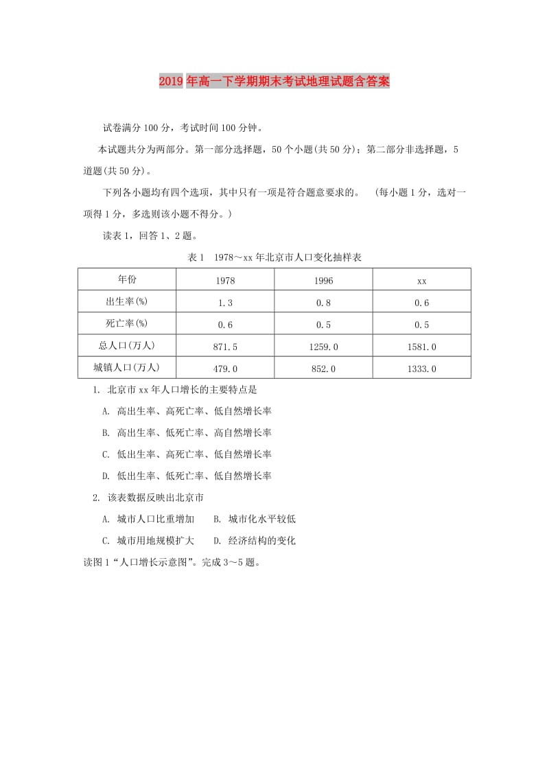 2019年高一下学期期末考试地理试题含答案.doc_第1页