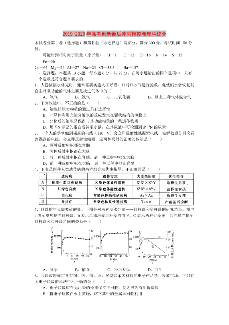 2019-2020年高考创新最后冲刺模拟卷理科综合.doc_第1页