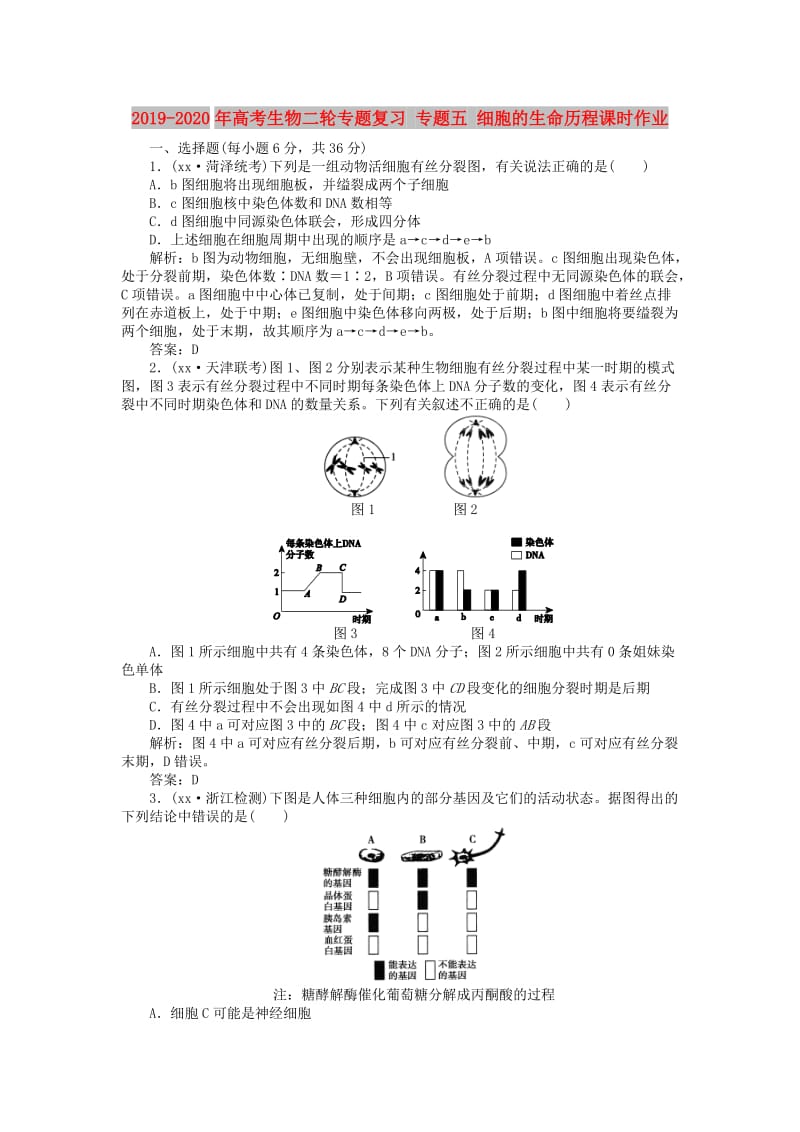 2019-2020年高考生物二轮专题复习 专题五 细胞的生命历程课时作业.doc_第1页