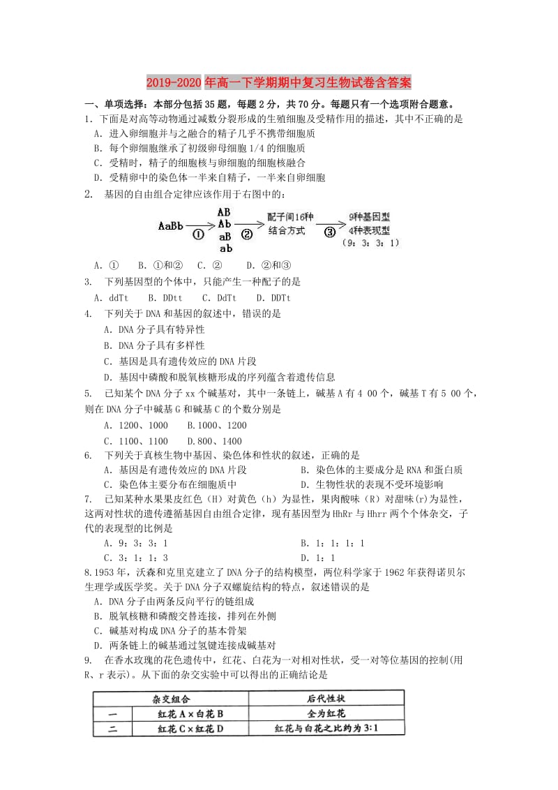 2019-2020年高一下学期期中复习生物试卷含答案.doc_第1页