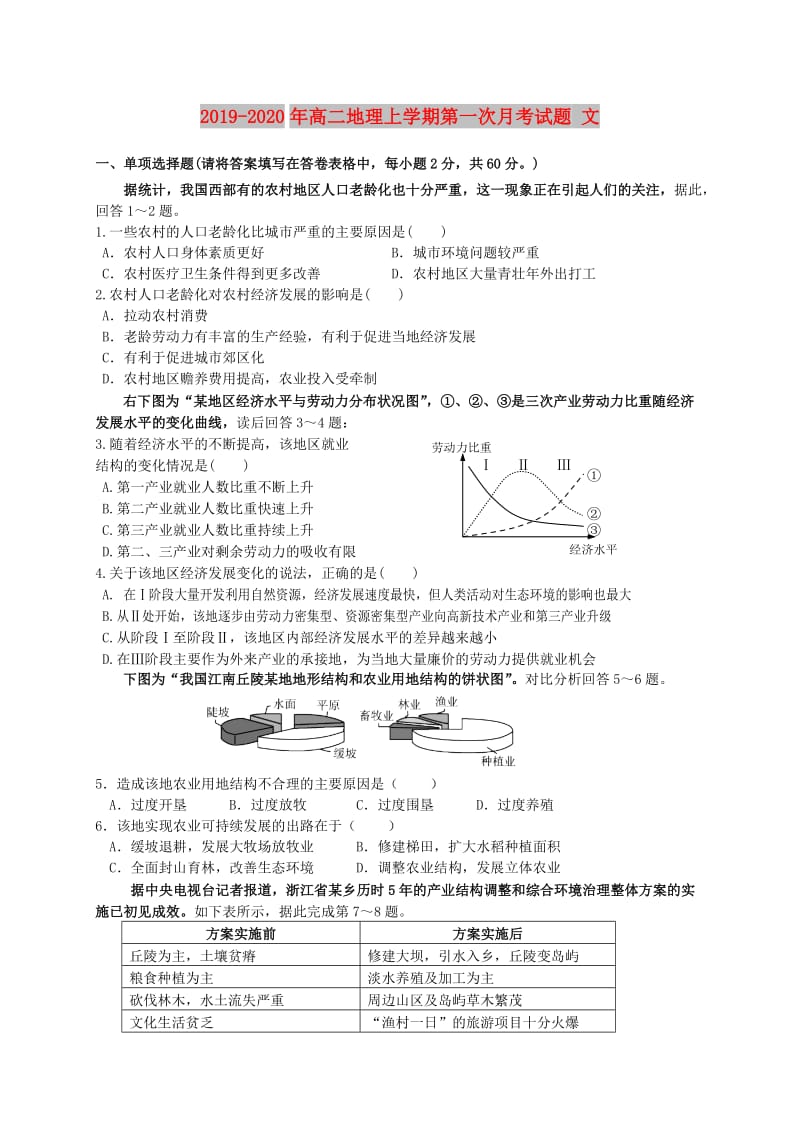 2019-2020年高二地理上学期第一次月考试题 文.doc_第1页