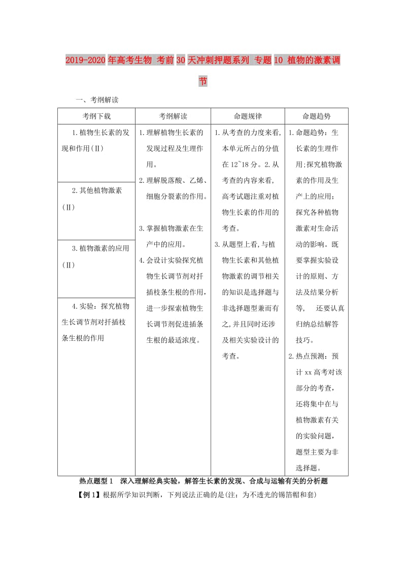 2019-2020年高考生物 考前30天冲刺押题系列 专题10 植物的激素调节.doc_第1页