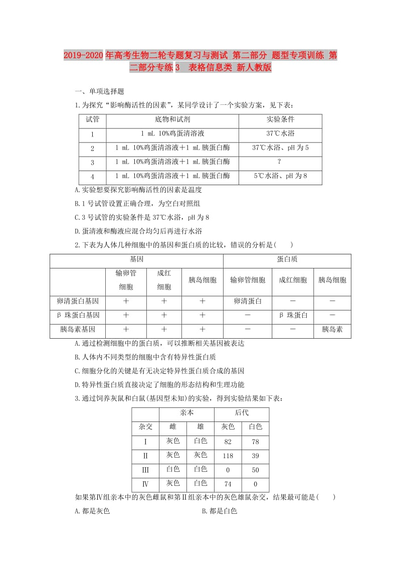 2019-2020年高考生物二轮专题复习与测试 第二部分 题型专项训练 第二部分专练3　表格信息类 新人教版.doc_第1页