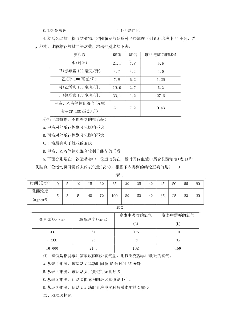 2019-2020年高考生物二轮专题复习与测试 第二部分 题型专项训练 第二部分专练3　表格信息类 新人教版.doc_第2页