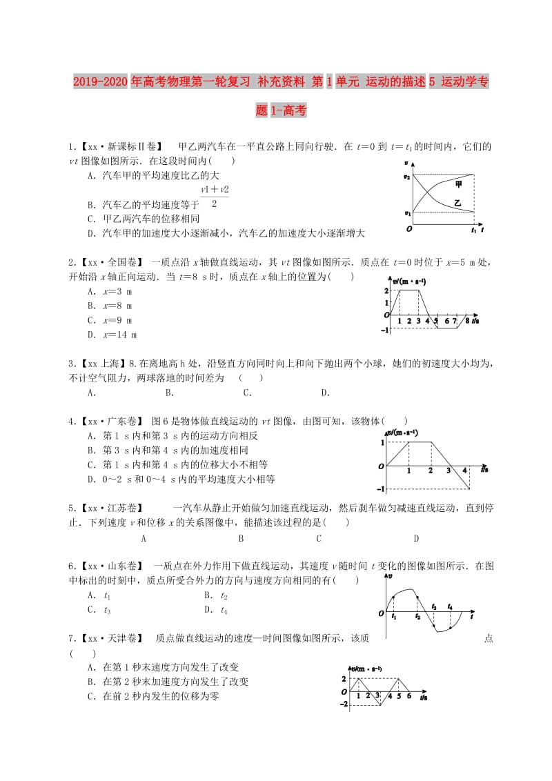 2019-2020年高考物理第一轮复习 补充资料 第1单元 运动的描述5 运动学专题1-高考.doc_第1页