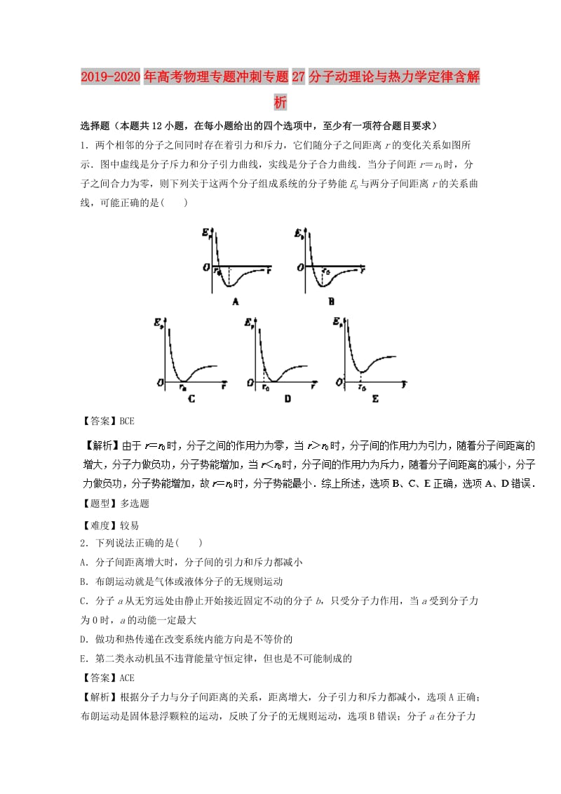 2019-2020年高考物理专题冲刺专题27分子动理论与热力学定律含解析.doc_第1页