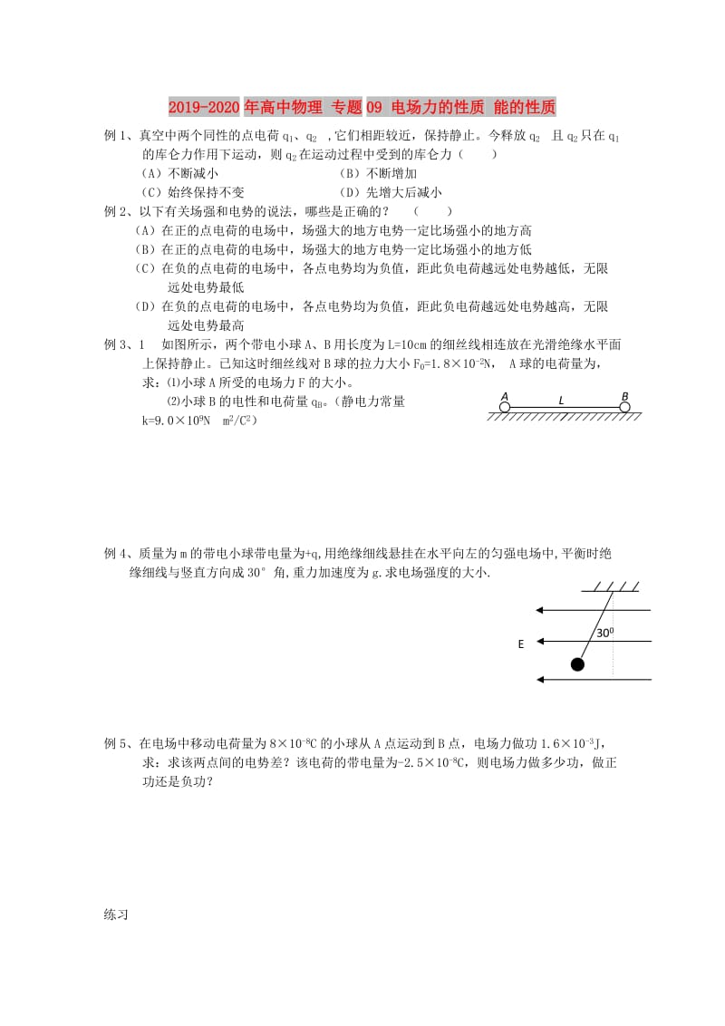 2019-2020年高中物理 专题09 电场力的性质 能的性质.doc_第1页