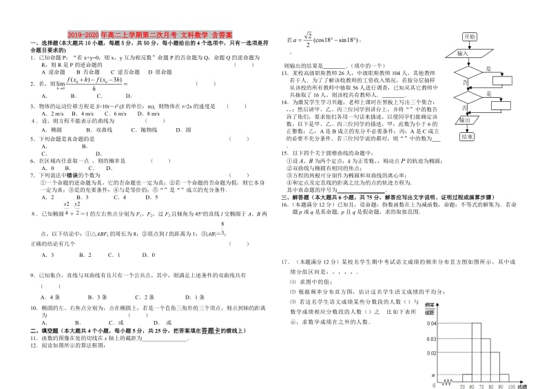 2019-2020年高二上学期第二次月考 文科数学 含答案.doc_第1页