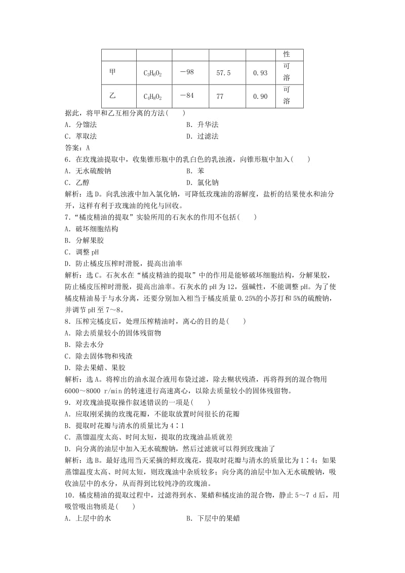 2019-2020年高中生物 专题六《植物有效成分的提取》专题综合检测 新人教版选修1.doc_第2页