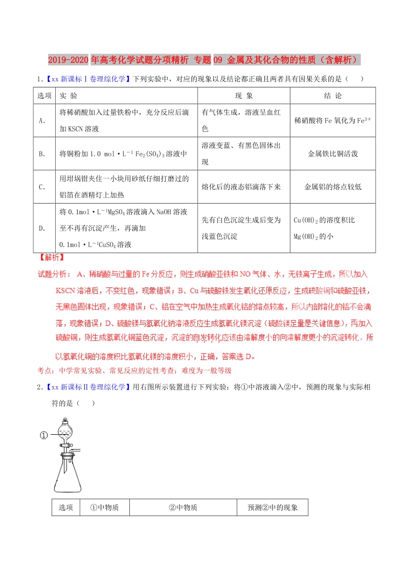 2019-2020年高考化学试题分项精析 专题09 金属及其化合物的性质（含解析）.doc_第1页