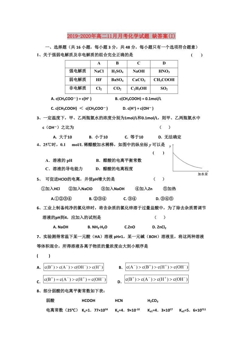 2019-2020年高二11月月考化学试题 缺答案(I).doc_第1页