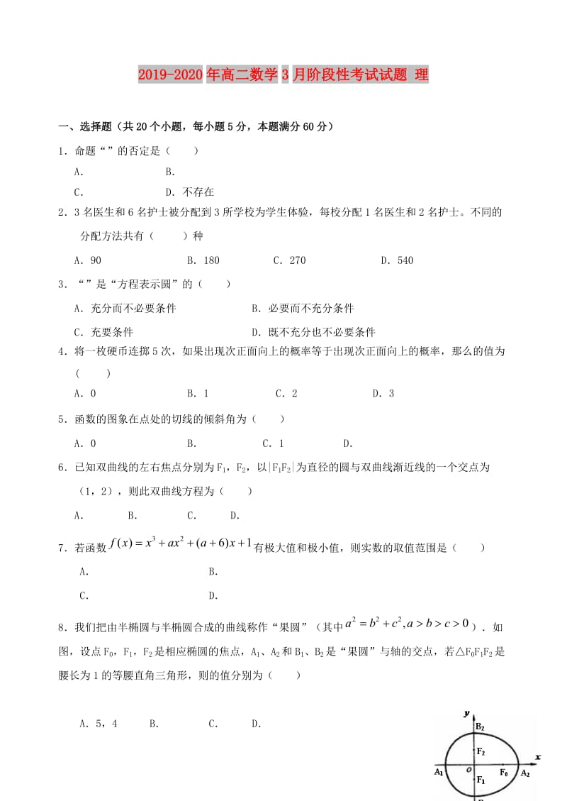 2019-2020年高二数学3月阶段性考试试题 理.doc_第1页