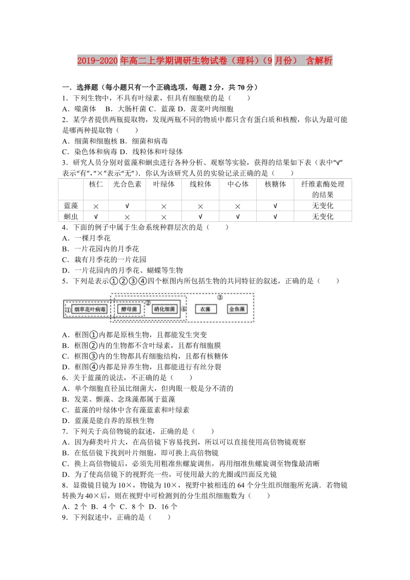 2019-2020年高二上学期调研生物试卷（理科）（9月份） 含解析.doc_第1页