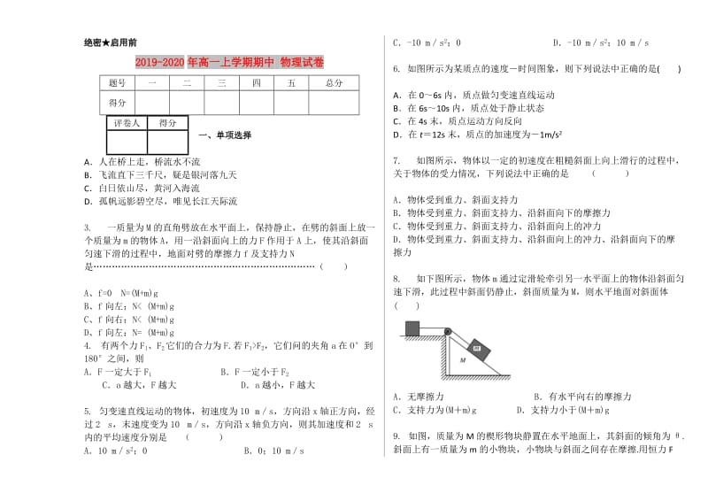 2019-2020年高一上学期期中 物理试卷.doc_第1页