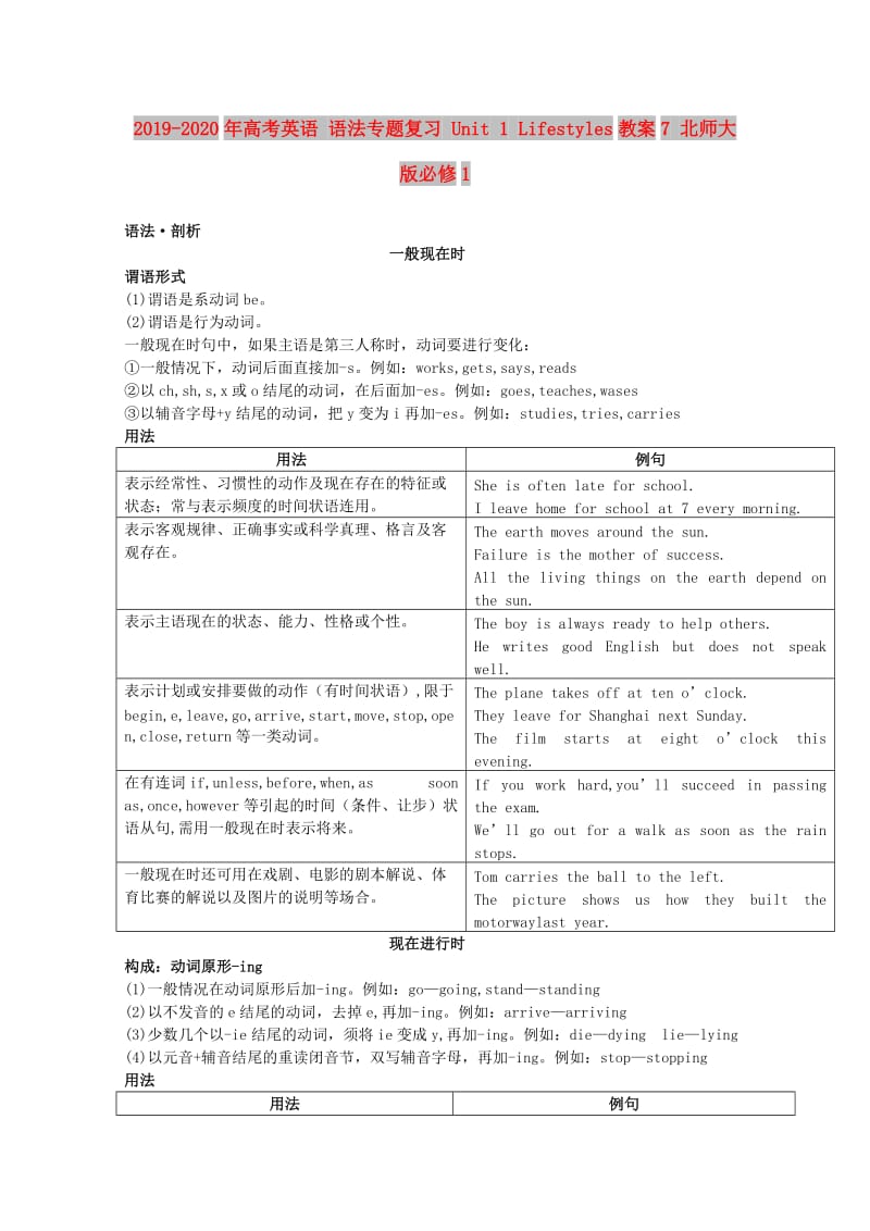 2019-2020年高考英语 语法专题复习 Unit 1 Lifestyles教案7 北师大版必修1.doc_第1页