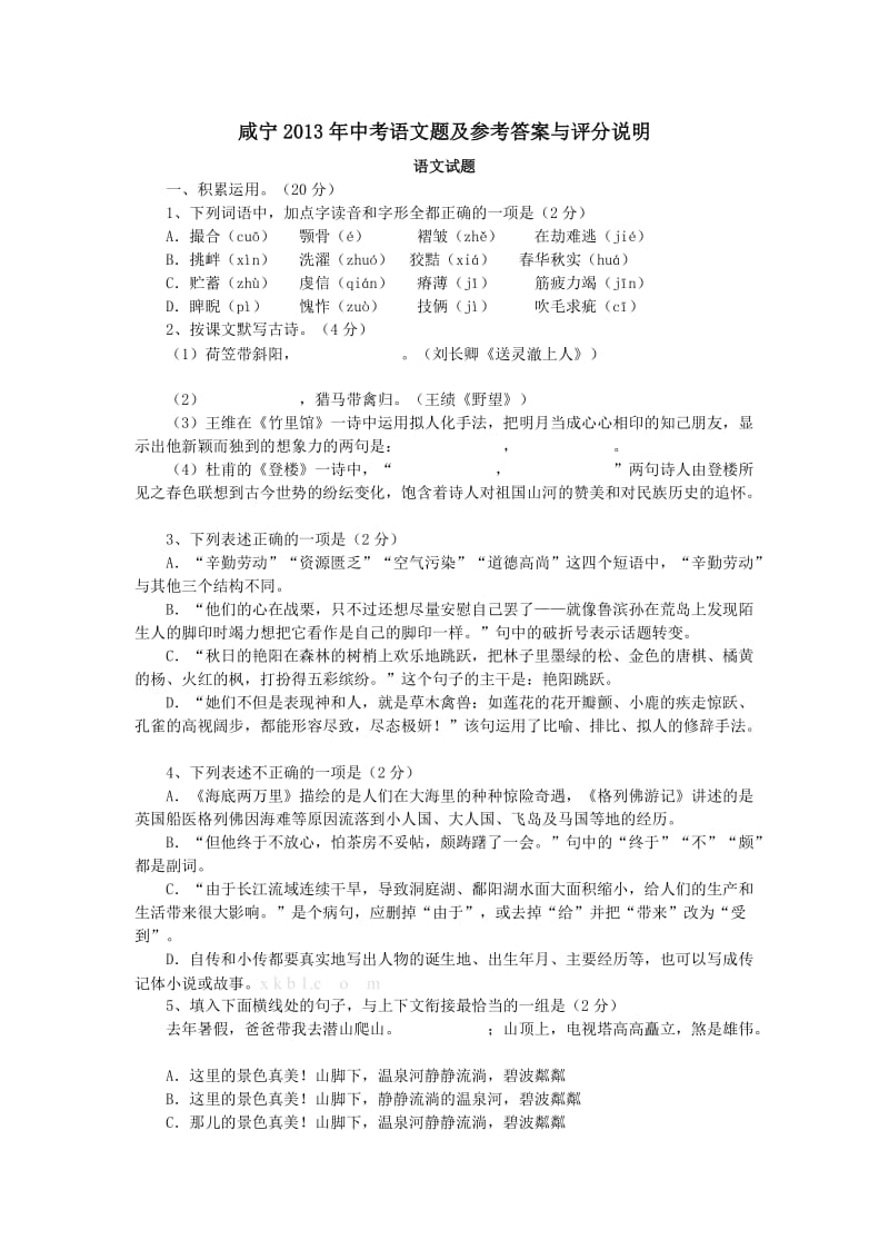 2013咸宁中考语文试卷及答案.doc_第1页