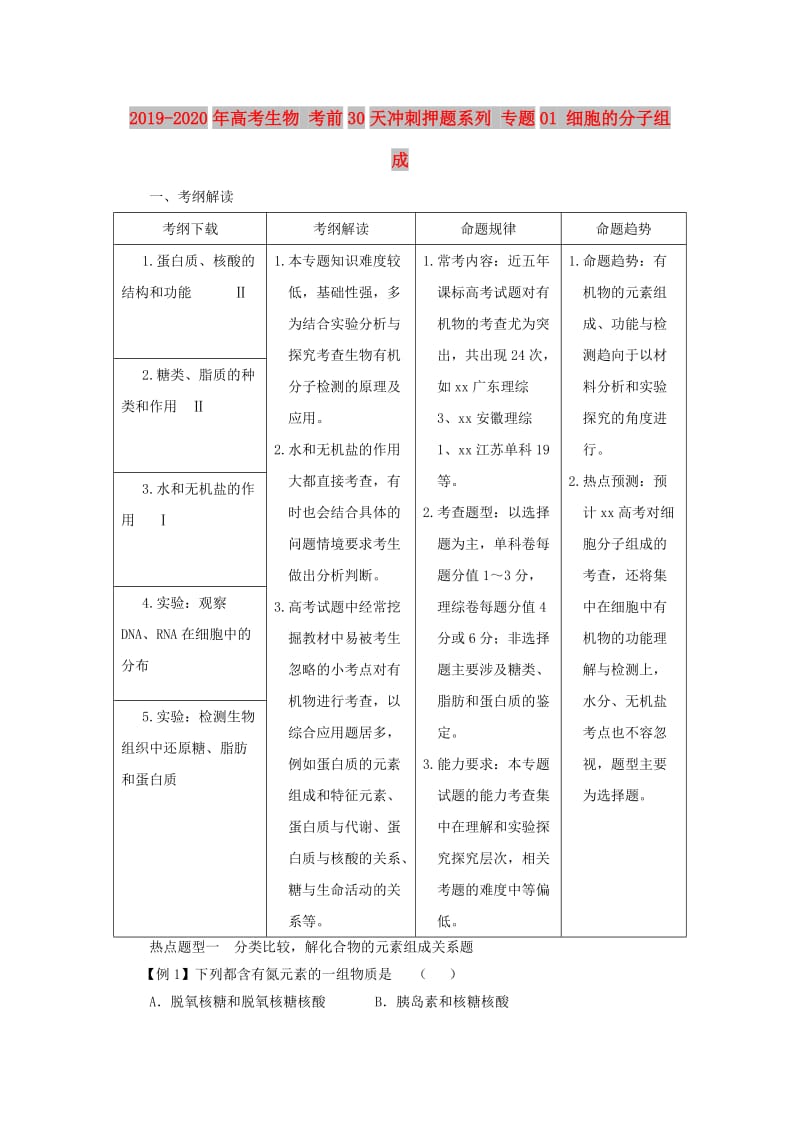 2019-2020年高考生物 考前30天冲刺押题系列 专题01 细胞的分子组成.doc_第1页