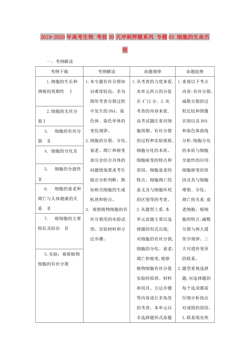 2019-2020年高考生物 考前30天冲刺押题系列 专题03 细胞的生命历程.doc_第1页