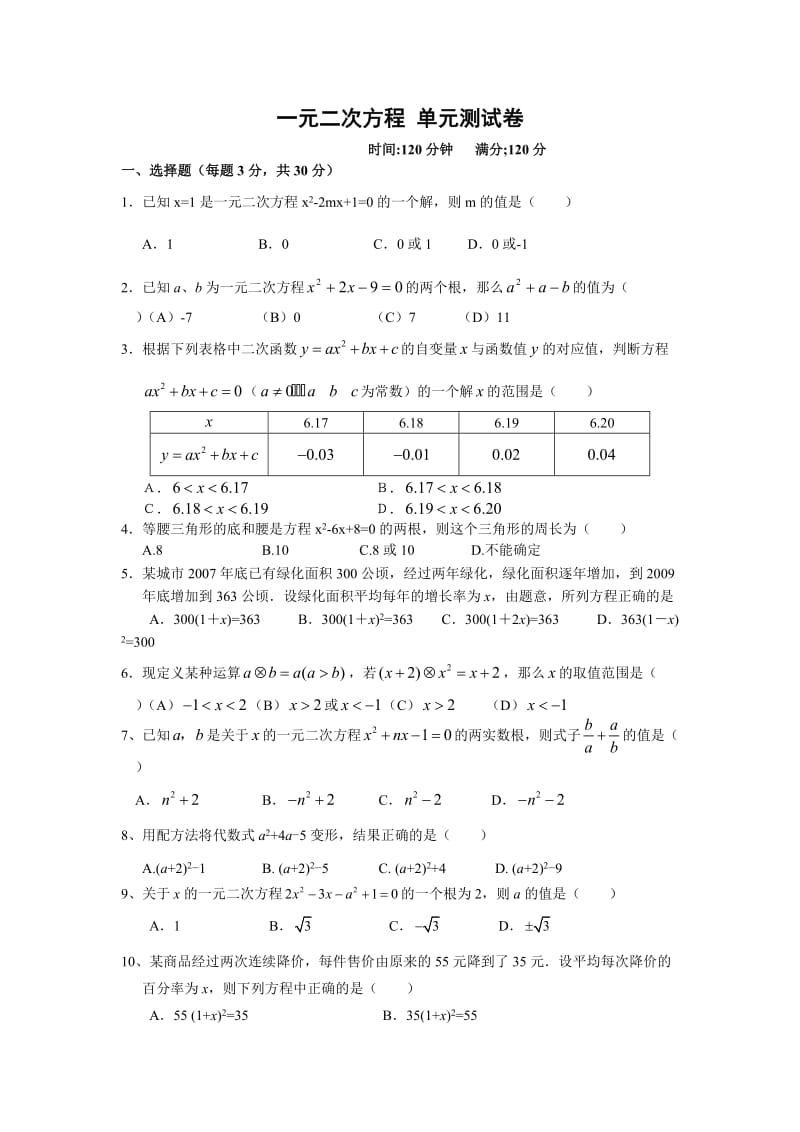 九年级上第22章一元二次方程测试题及答案.doc_第1页