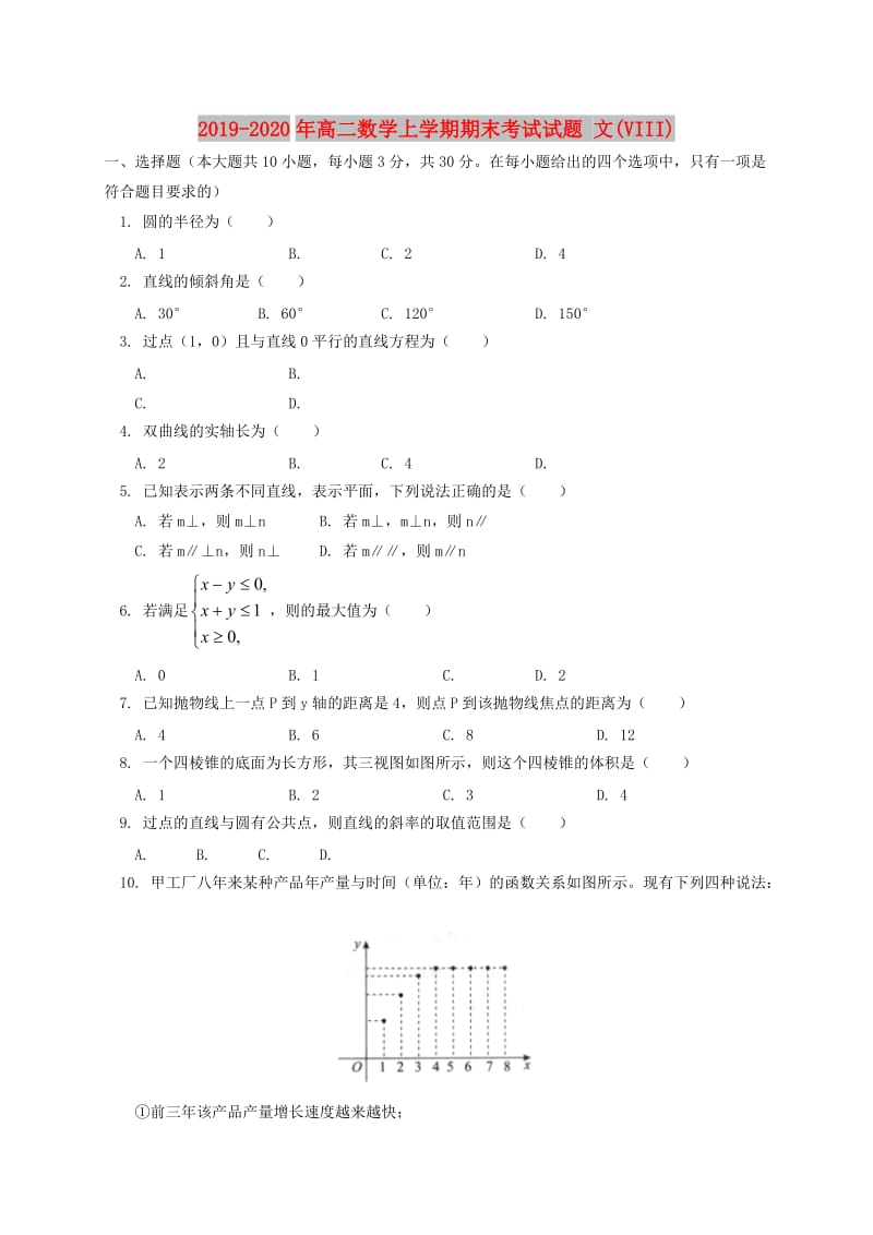 2019-2020年高二数学上学期期末考试试题 文(VIII).doc_第1页