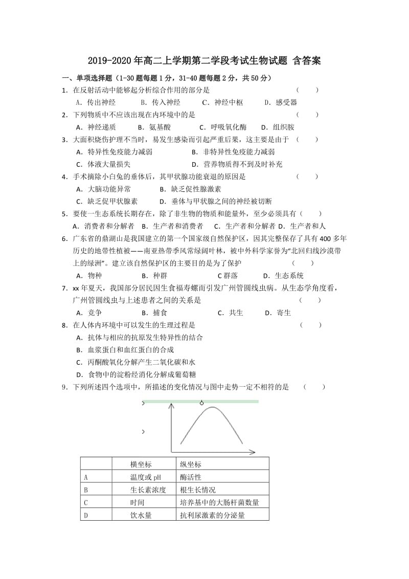 2019-2020年高二上学期第二学段考试生物试题 含答案.doc_第1页