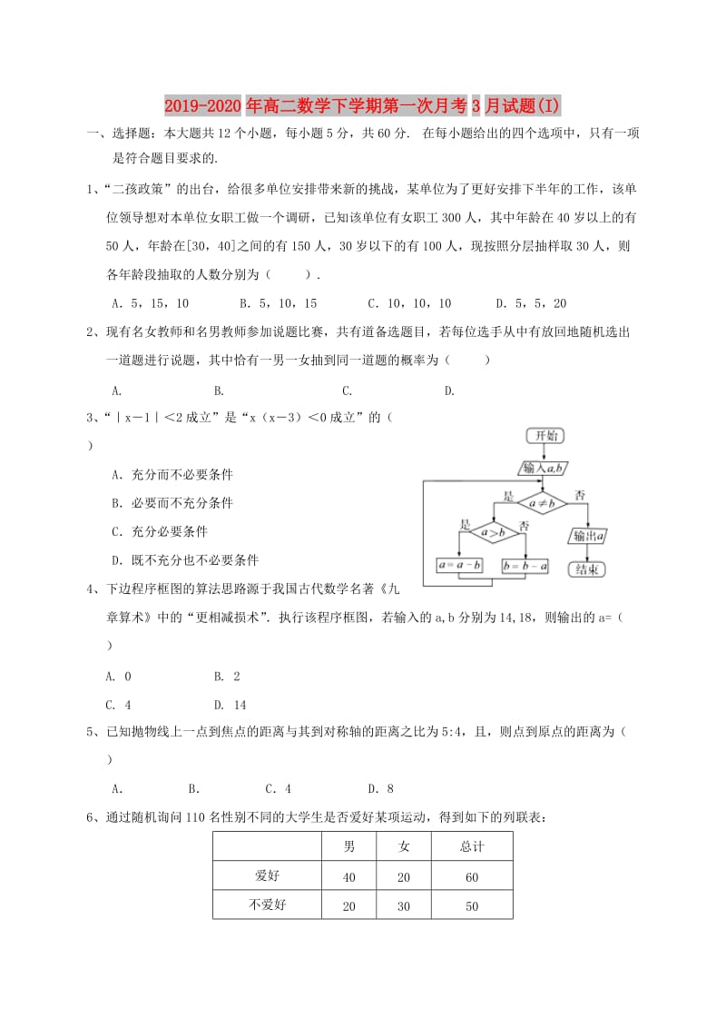 2019-2020年高二数学下学期第一次月考3月试题(I).doc_第1页