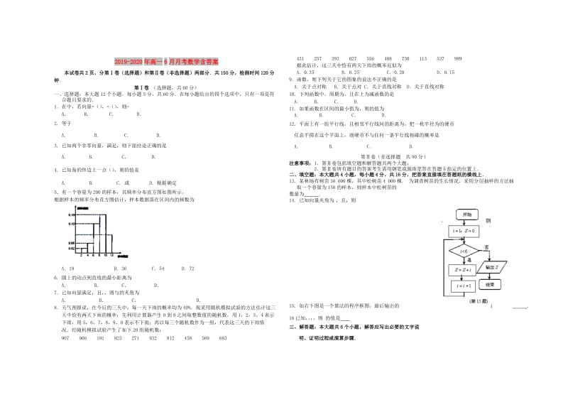 2019-2020年高一6月月考数学含答案.doc_第1页