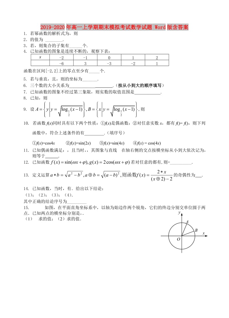 2019-2020年高一上学期期末模拟考试数学试题 Word版含答案.doc_第1页