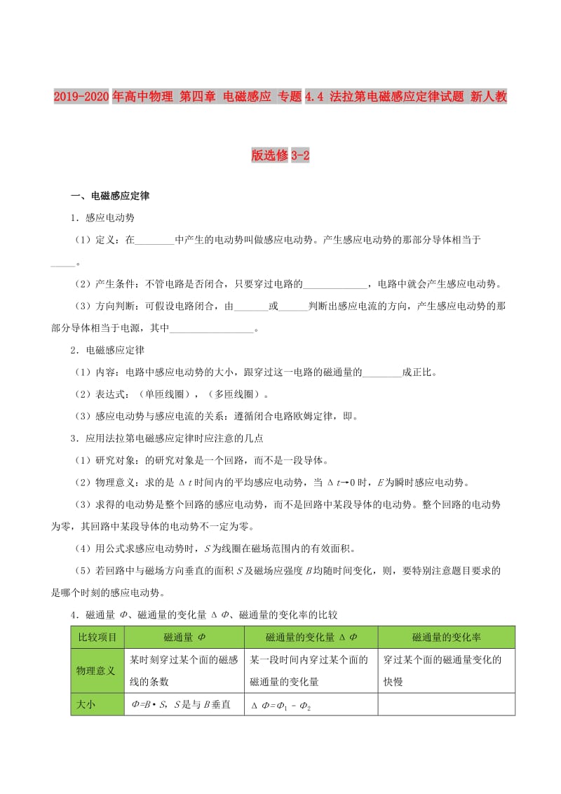 2019-2020年高中物理 第四章 电磁感应 专题4.4 法拉第电磁感应定律试题 新人教版选修3-2.doc_第1页