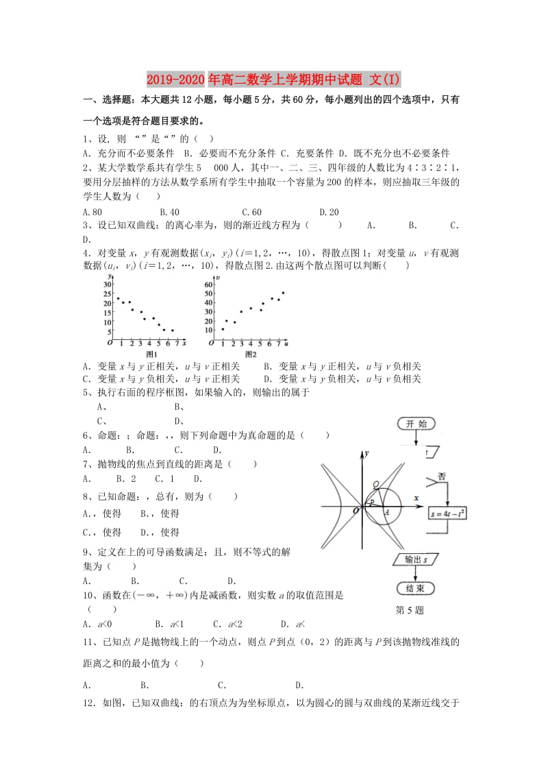 2019-2020年高二数学上学期期中试题 文(I).doc_第1页