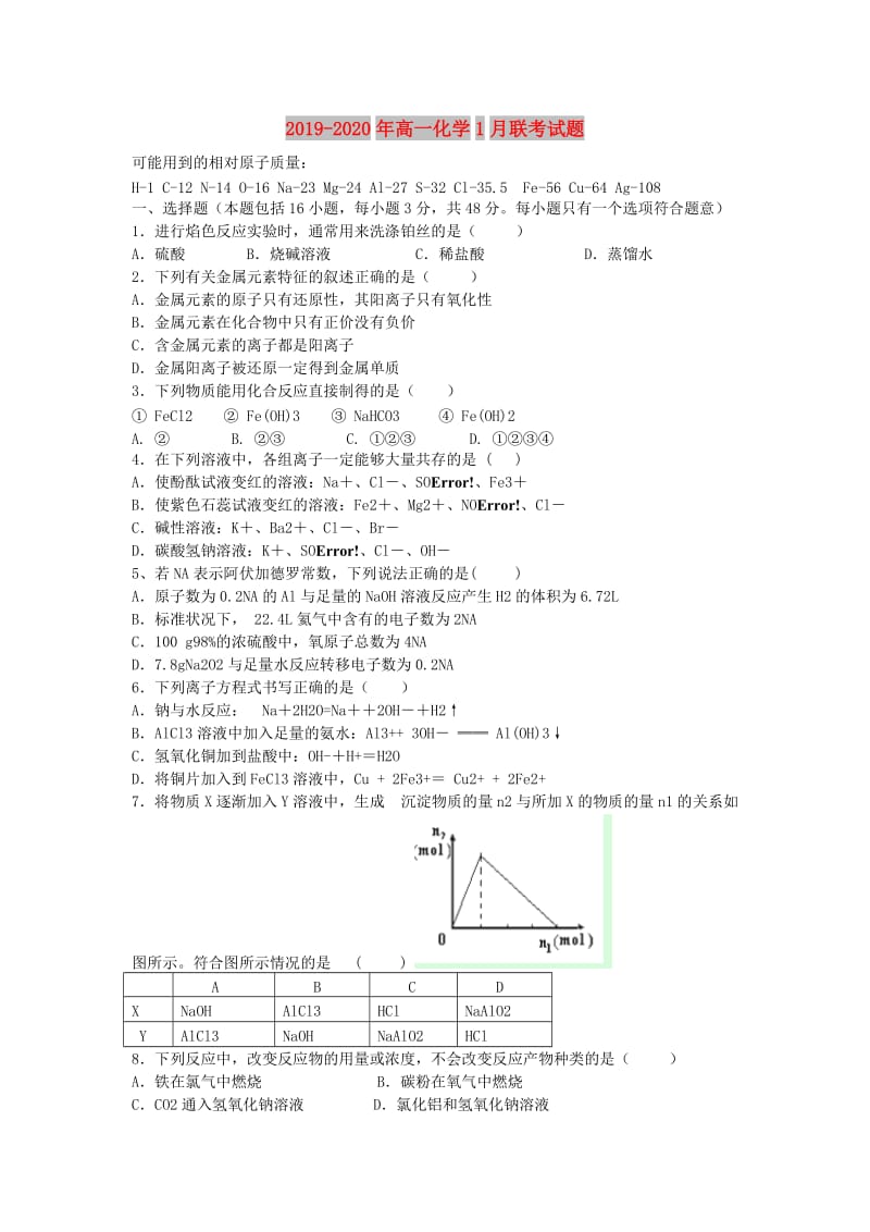 2019-2020年高一化学1月联考试题.doc_第1页