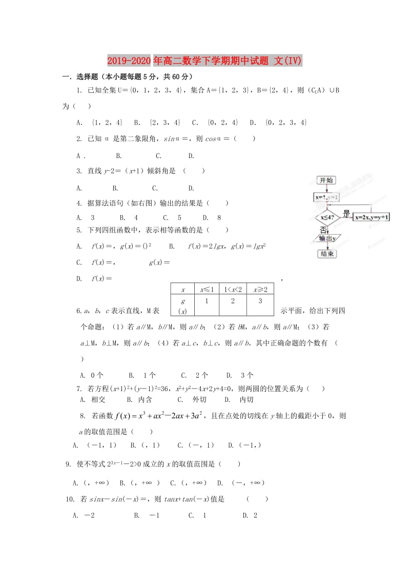 2019-2020年高二数学下学期期中试题 文(IV).doc_第1页