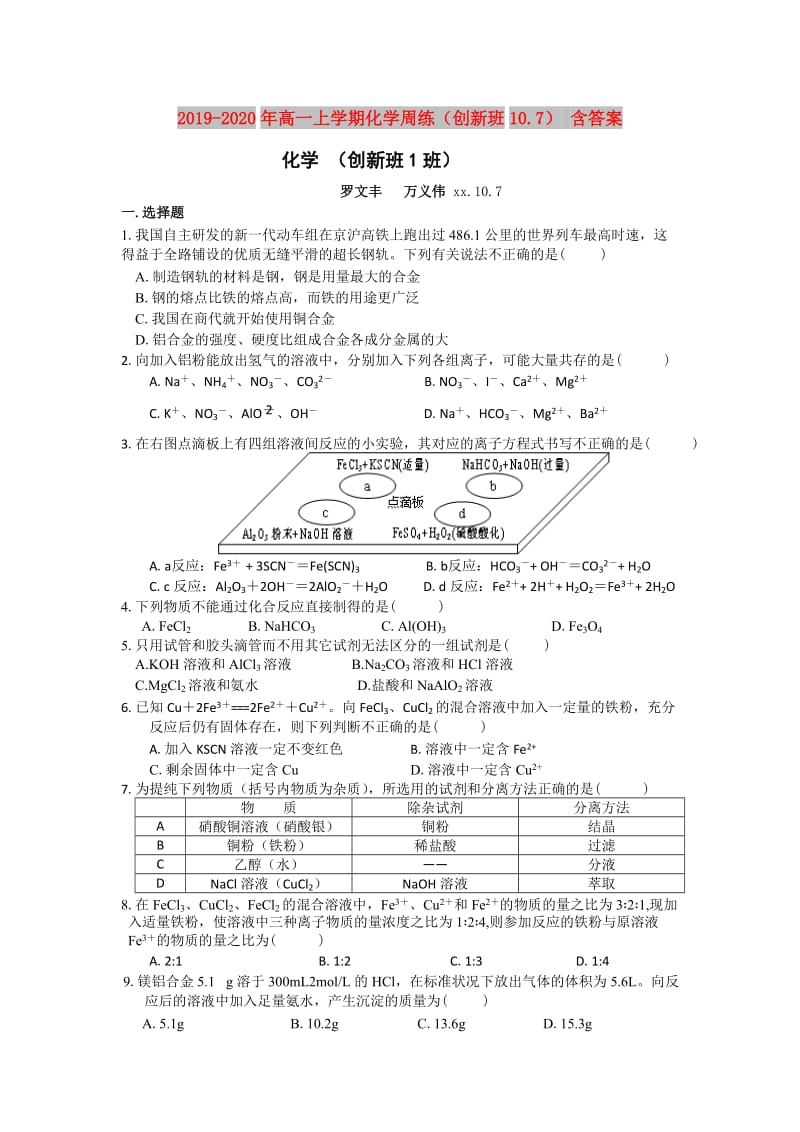 2019-2020年高一上学期化学周练（创新班10.7） 含答案.doc_第1页