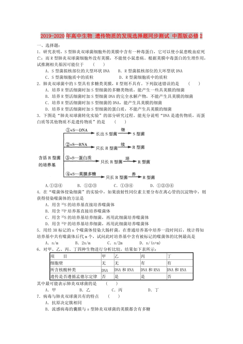 2019-2020年高中生物 遗传物质的发现选择题同步测试 中图版必修2.doc_第1页