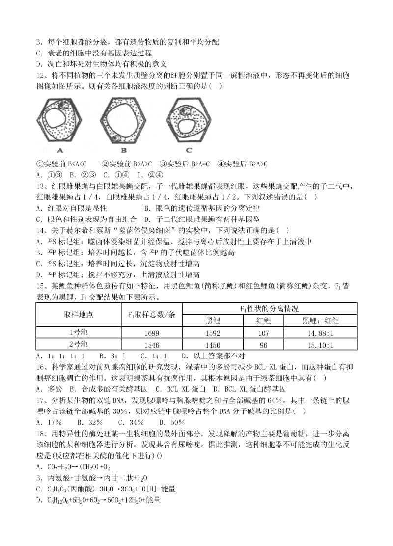 2019-2020年高二生物上学期期末测试试题.doc_第2页