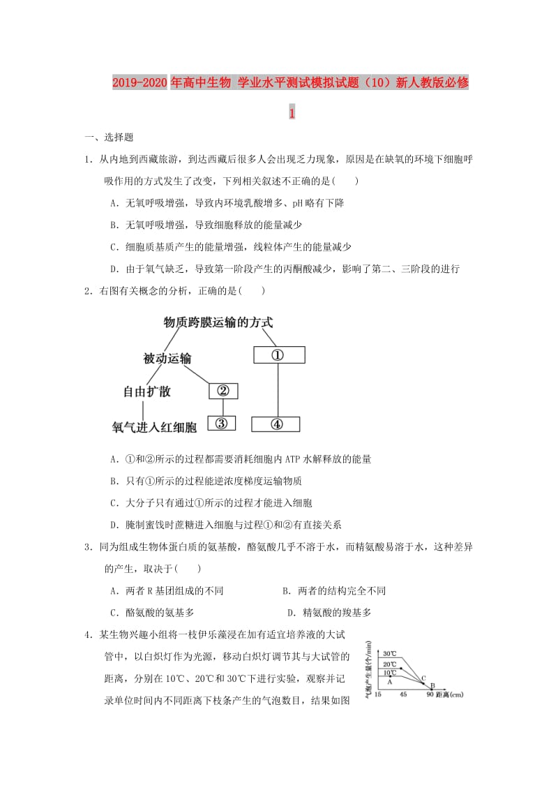 2019-2020年高中生物 学业水平测试模拟试题（10）新人教版必修1.doc_第1页