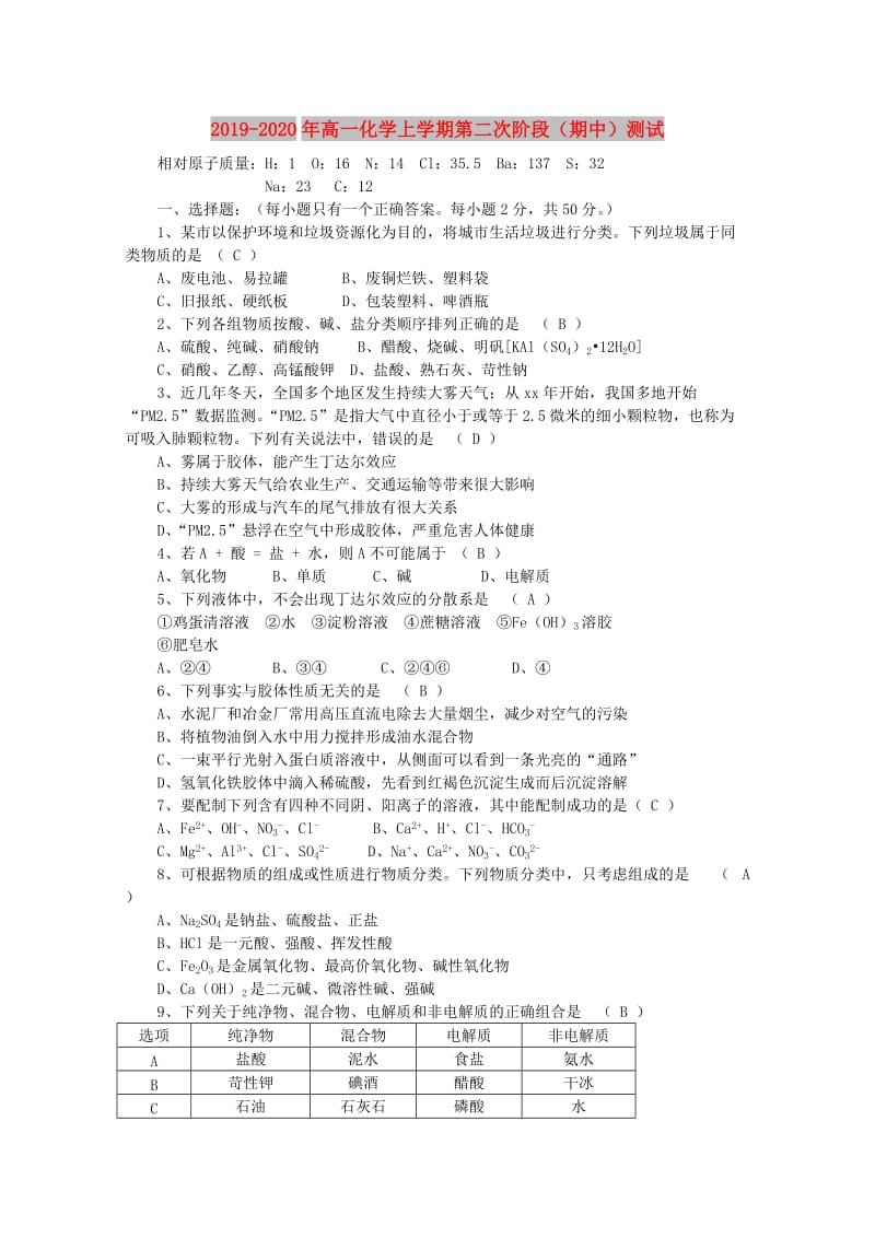 2019-2020年高一化学上学期第二次阶段（期中）测试.doc_第1页