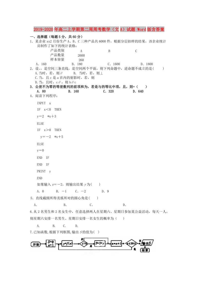 2019-2020年高二上学期第二周周考数学（文A）试题 Word版含答案.doc_第1页