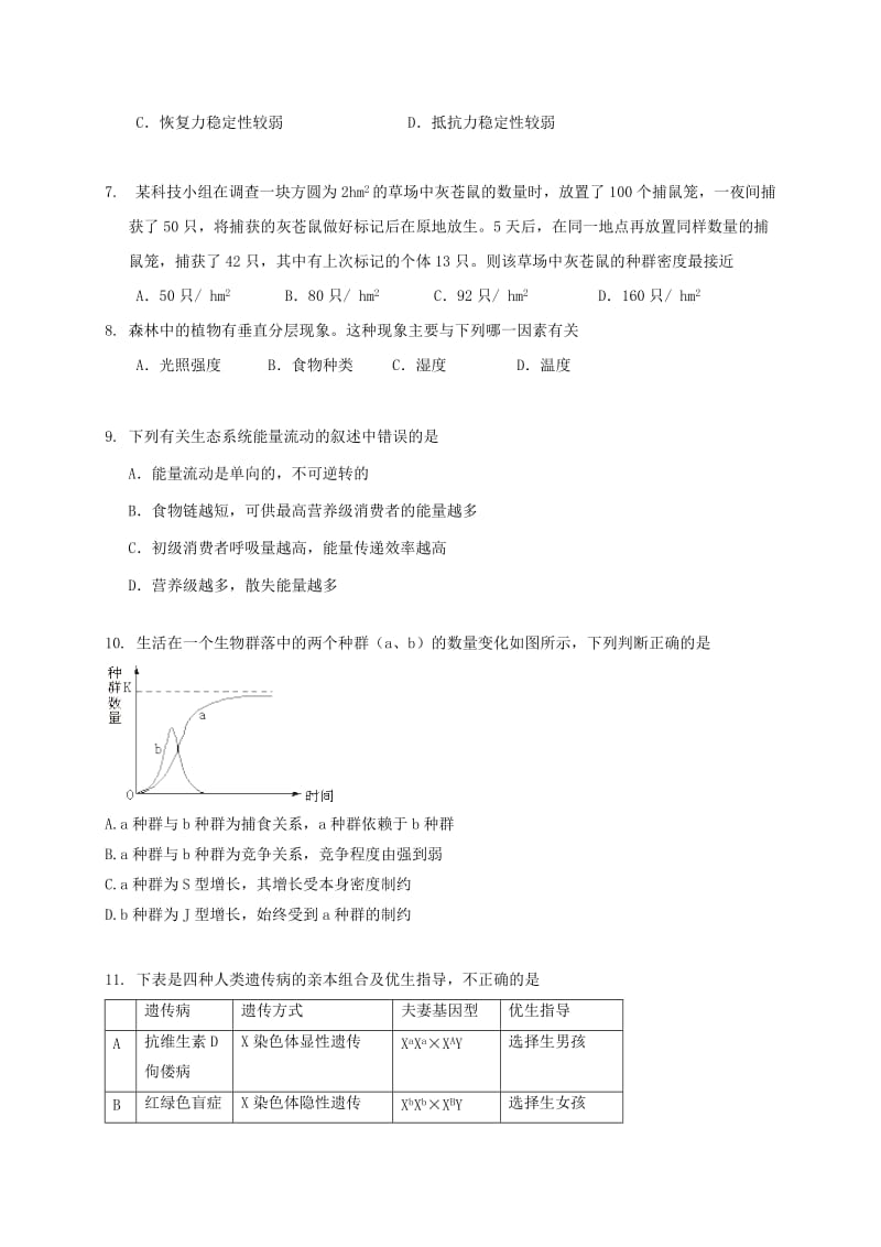 2019-2020年高二生物上学期期末考试试题无答案(III).doc_第2页