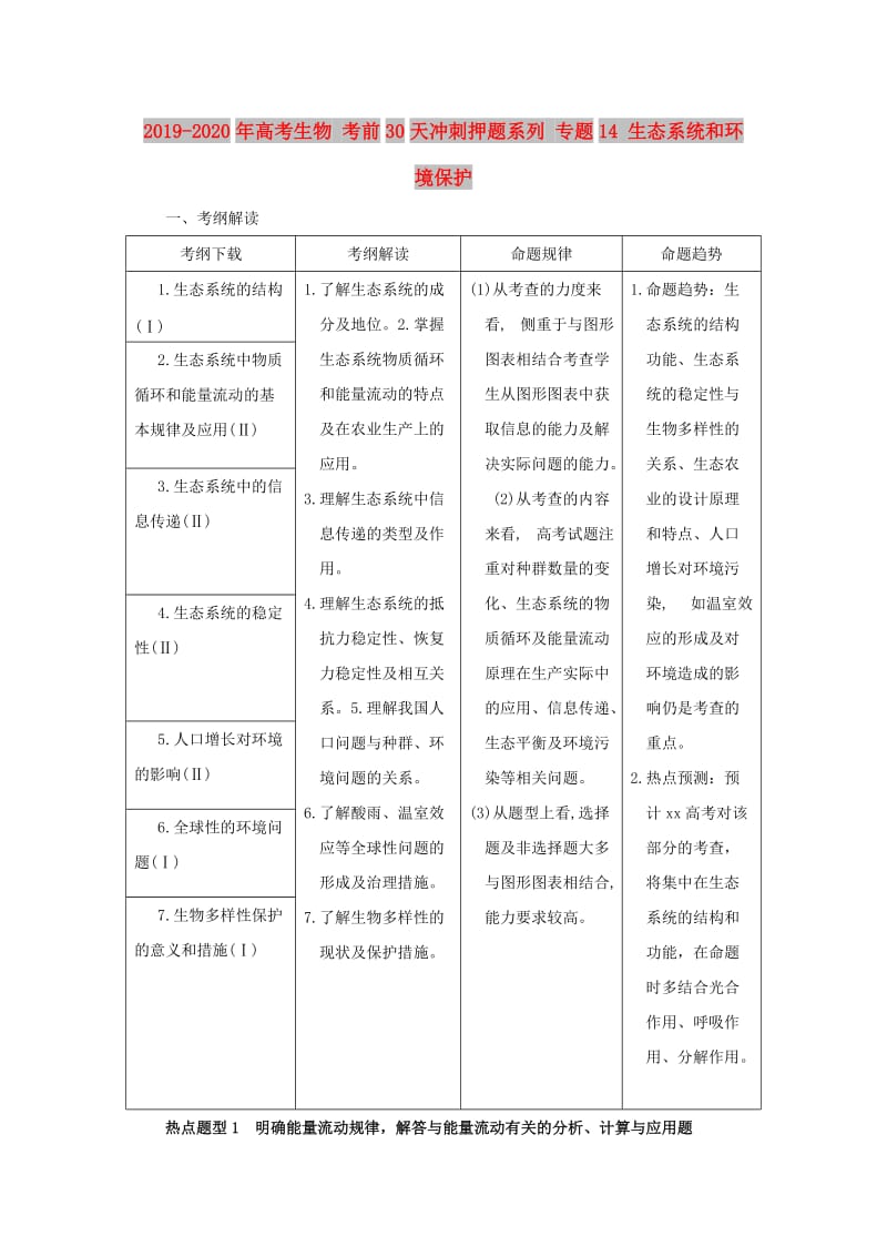 2019-2020年高考生物 考前30天冲刺押题系列 专题14 生态系统和环境保护.doc_第1页